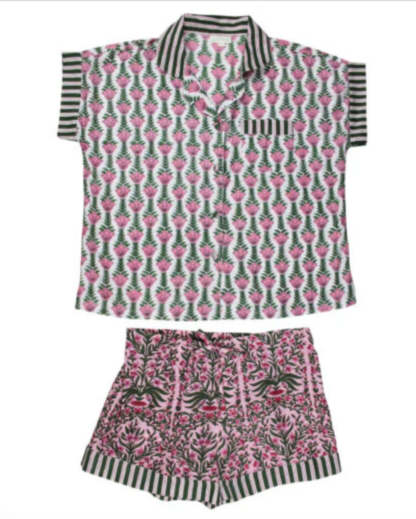 Pink & Green Damask Short Pajama Set - Powell Craft