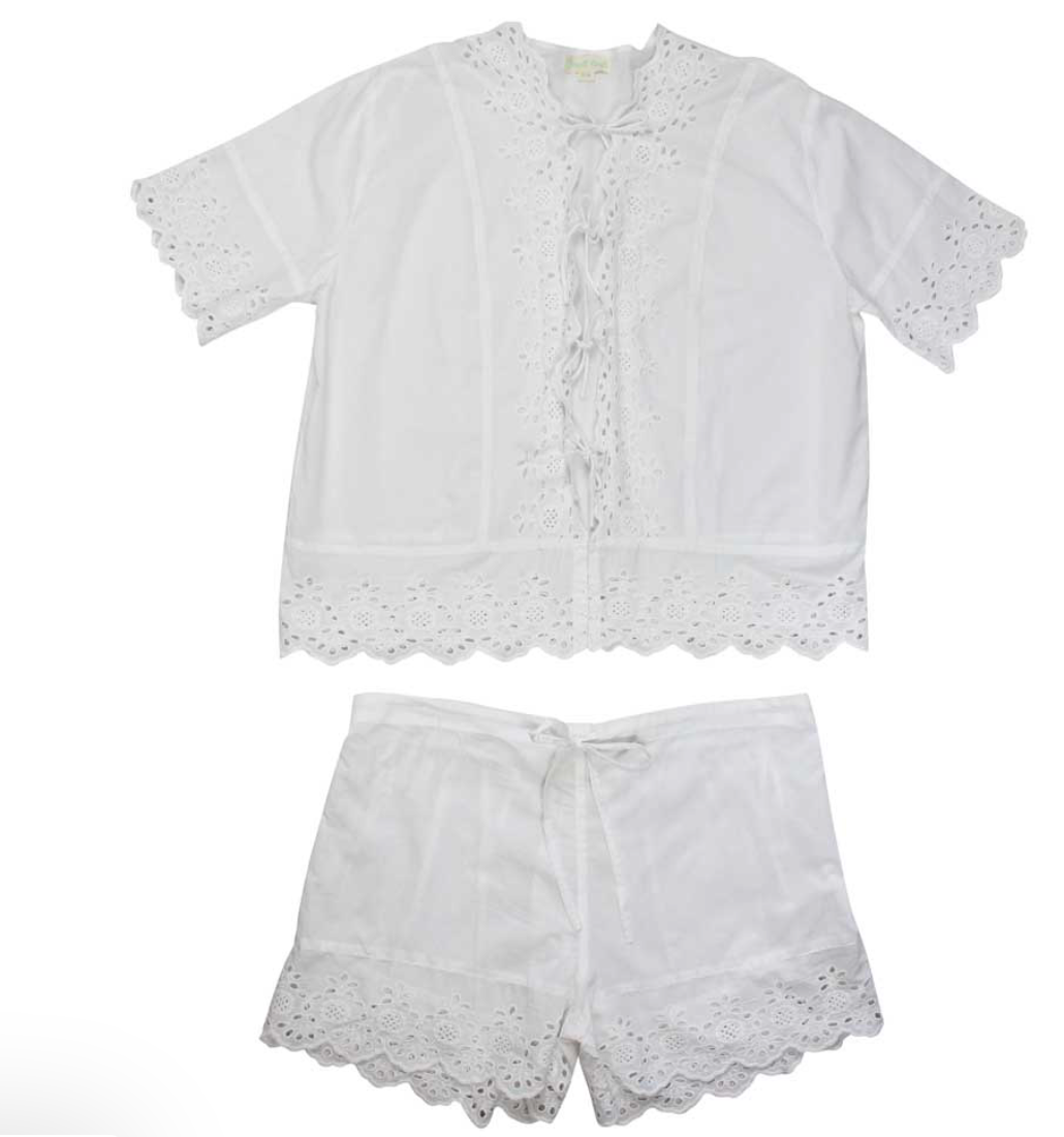 White Short Sleeve Tie Front Short Set PJs - Powell Craft