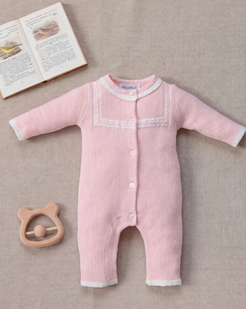 Old Pink Knit Romper Trousseau Key Emb.-Tartine et Chocolat FW26