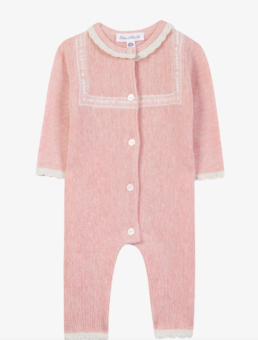 Old Pink Knit Romper Trousseau Key Emb.-Tartine et Chocolat FW26