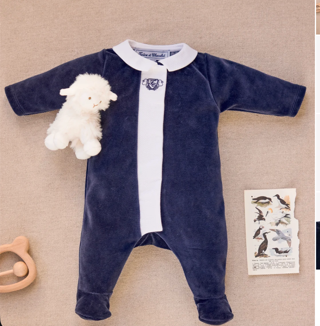Navy Velour Emblem Footie-Tartine et Chocolat FW26