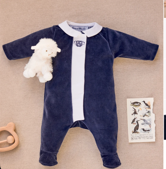 Navy Velour Emblem Footie-Tartine et Chocolat FW26