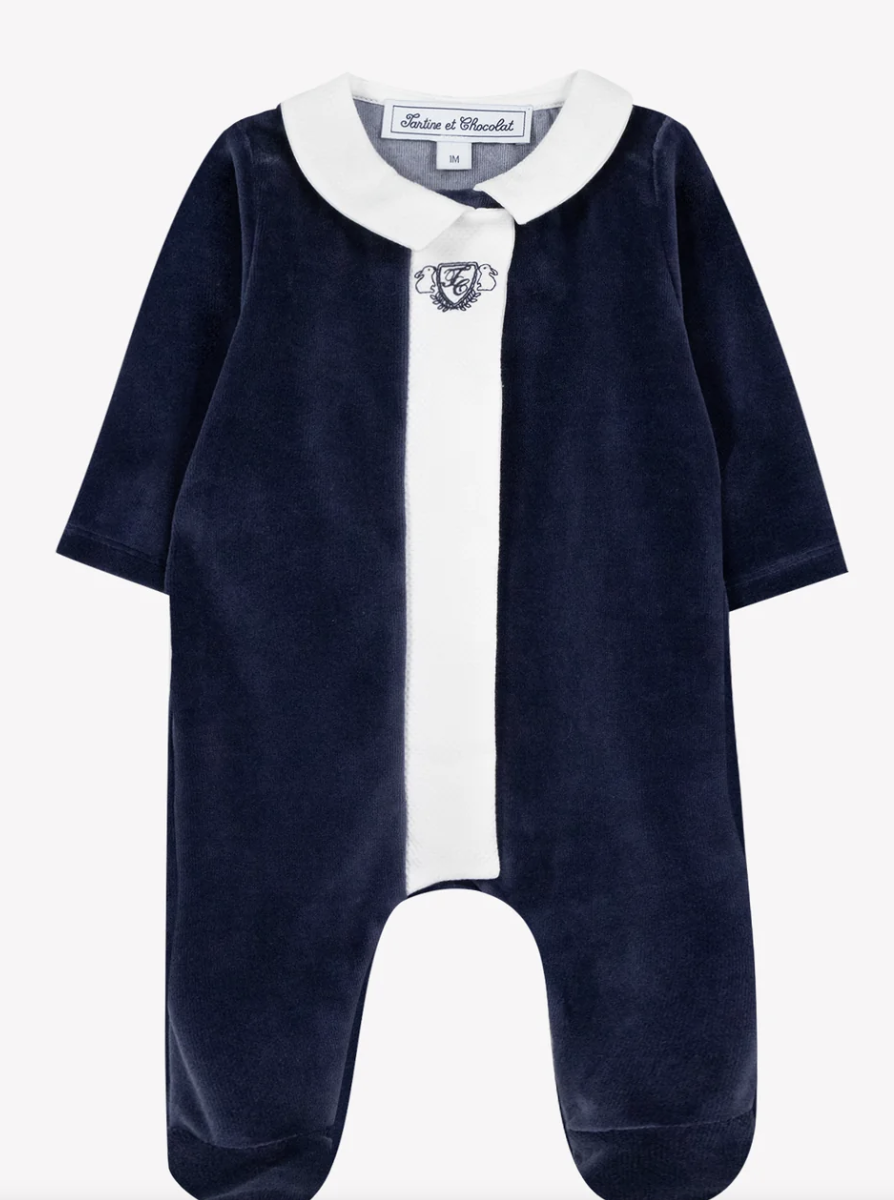 Navy Velour Emblem Footie-Tartine et Chocolat FW26