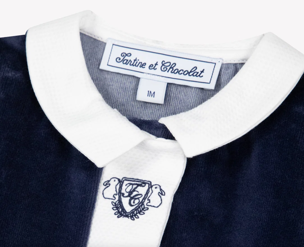 Navy Velour Emblem Footie-Tartine et Chocolat FW26
