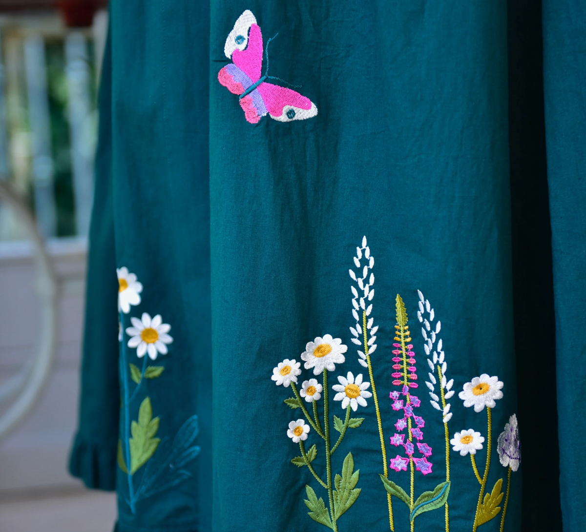 Flower Embroidered Forest Green Cotton Dressing Gown - Powell Craft
