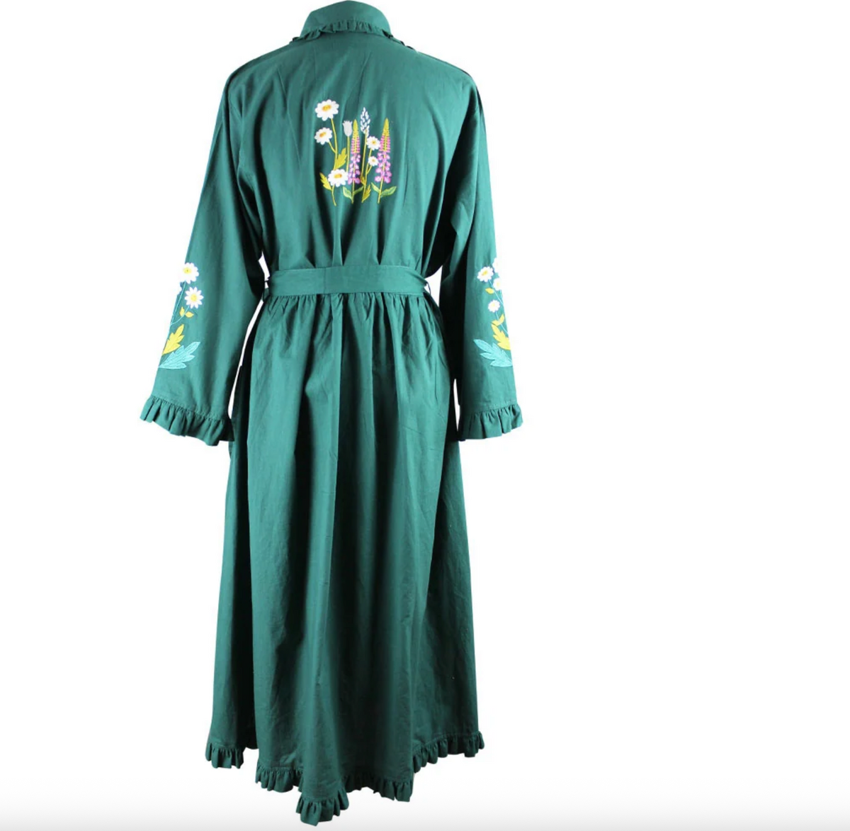 Flower Embroidered Forest Green Cotton Dressing Gown - Powell Craft