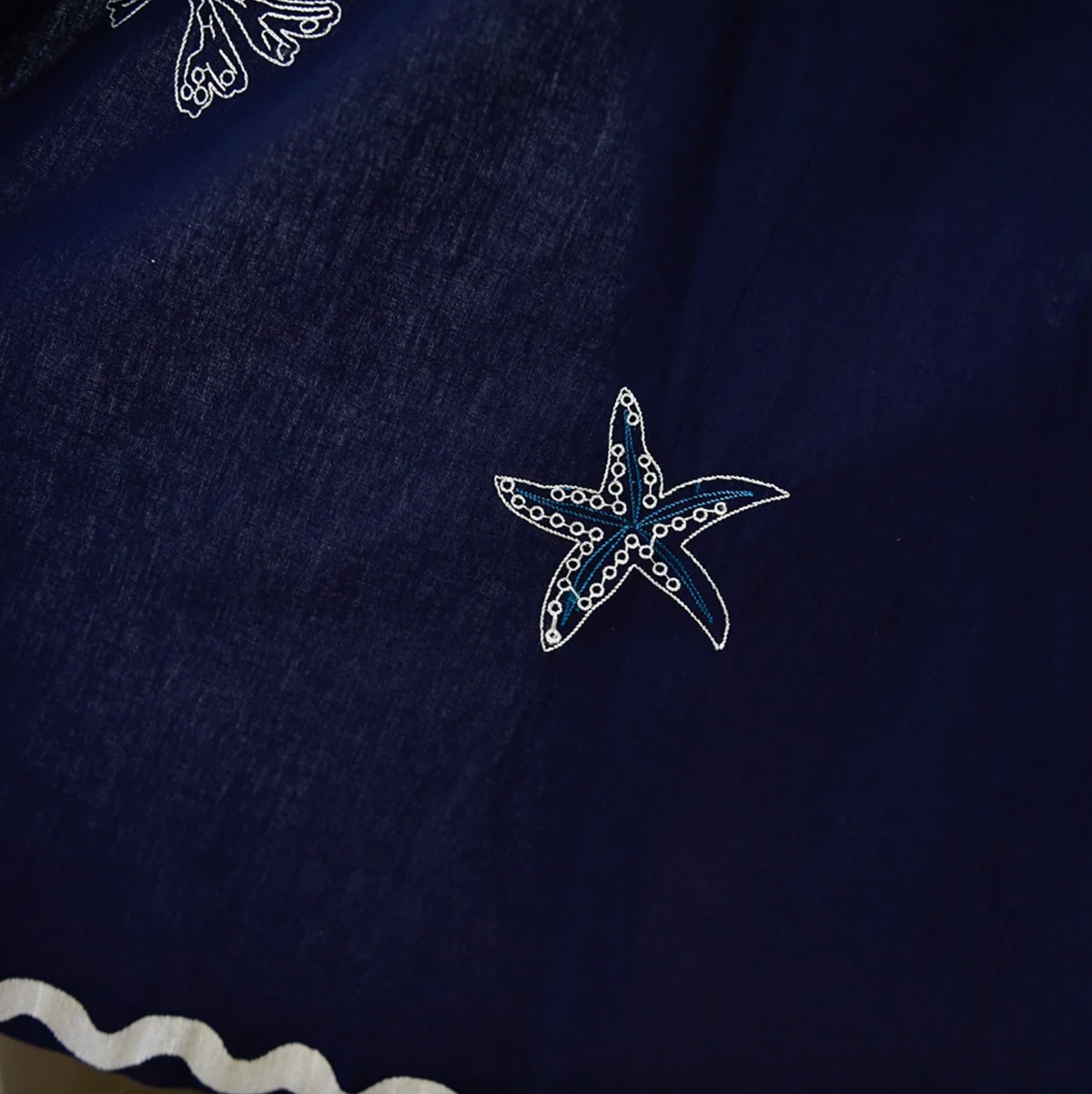 Seashell Embroidered Navy Cotton Dressing Gown - Powell Craft