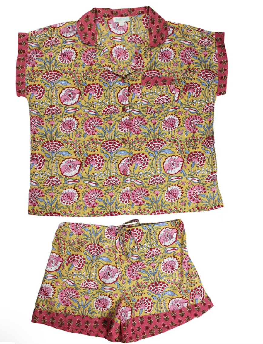 Yellow & Pink Carnation Short PJ Set - Powell Craft
