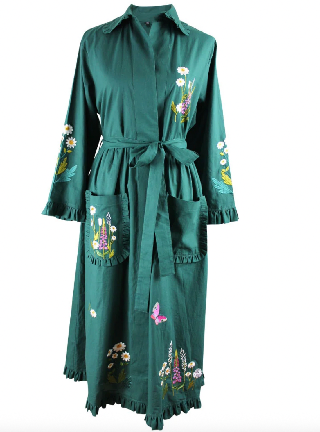 Flower Embroidered Forest Green Cotton Dressing Gown - Powell Craft