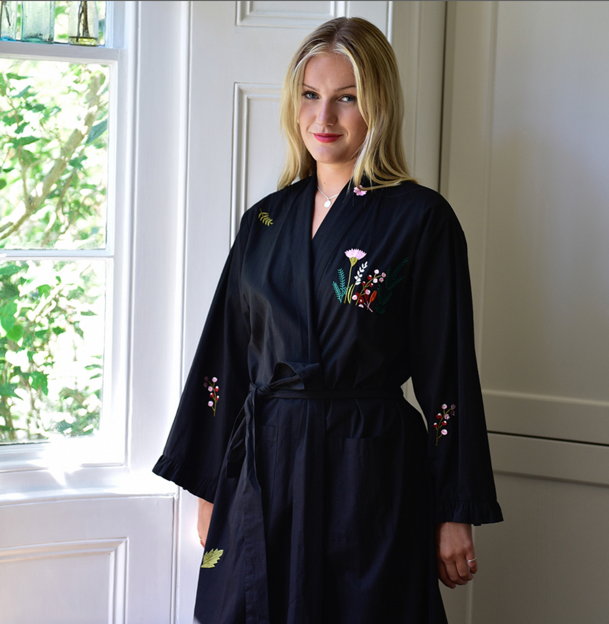 Flower Embroidered Black Cotton Dressing Gown - Powell Craft
