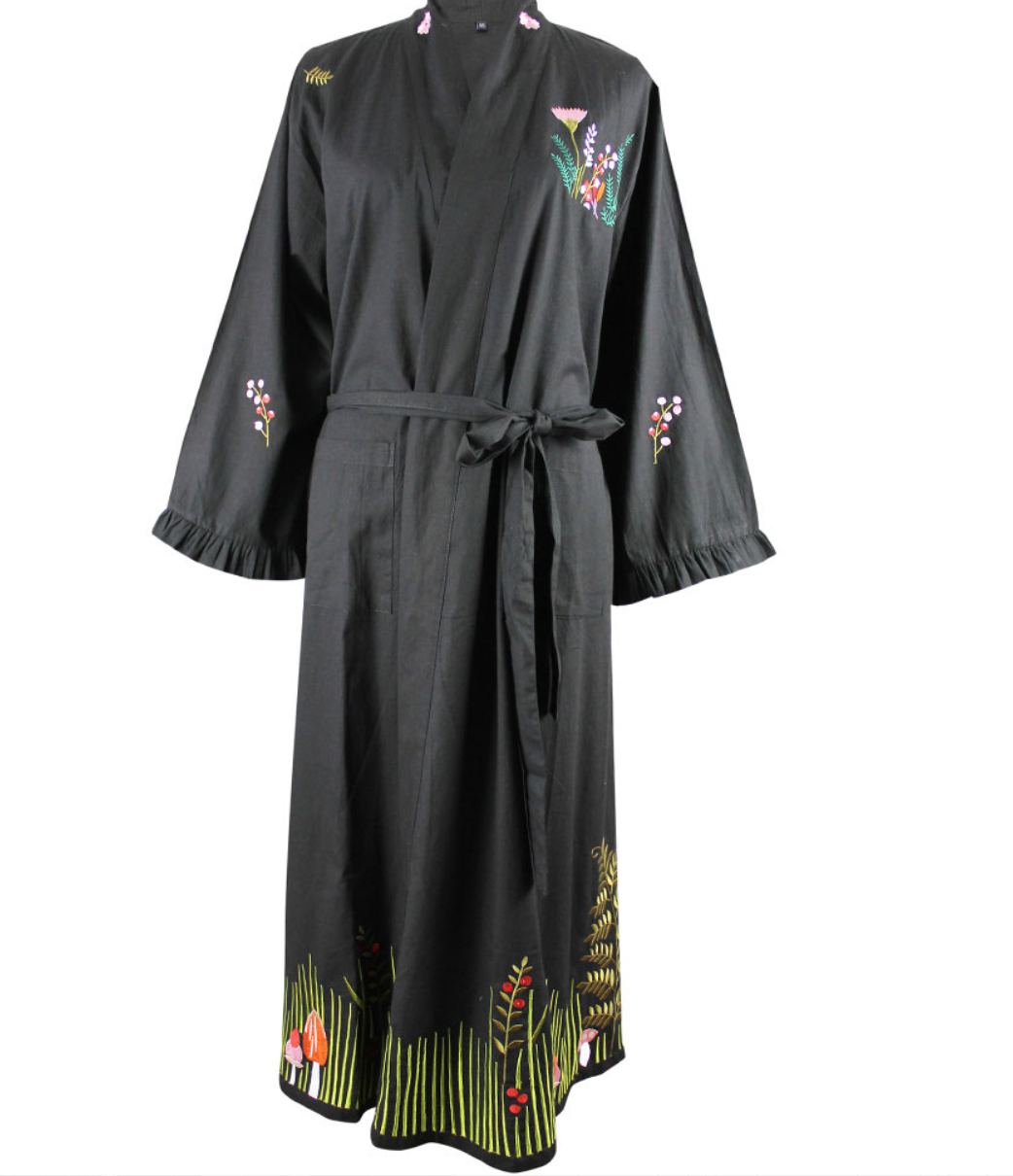 Flower Embroidered Black Cotton Dressing Gown - Powell Craft