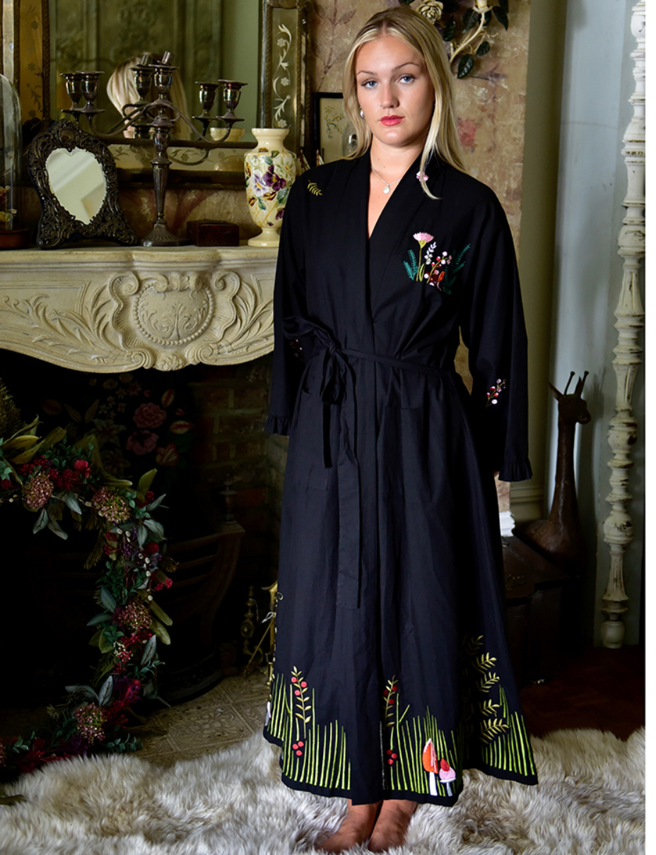 Flower Embroidered Black Cotton Dressing Gown - Powell Craft