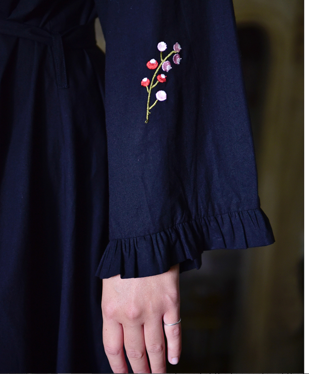 Flower Embroidered Black Cotton Dressing Gown - Powell Craft