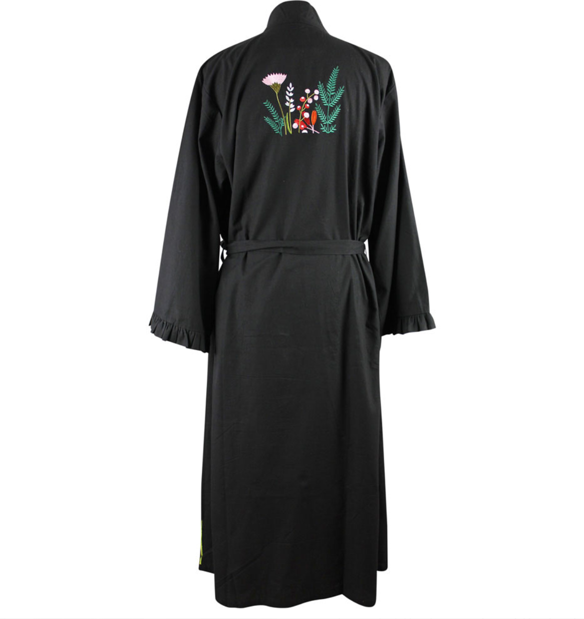 Flower Embroidered Black Cotton Dressing Gown - Powell Craft