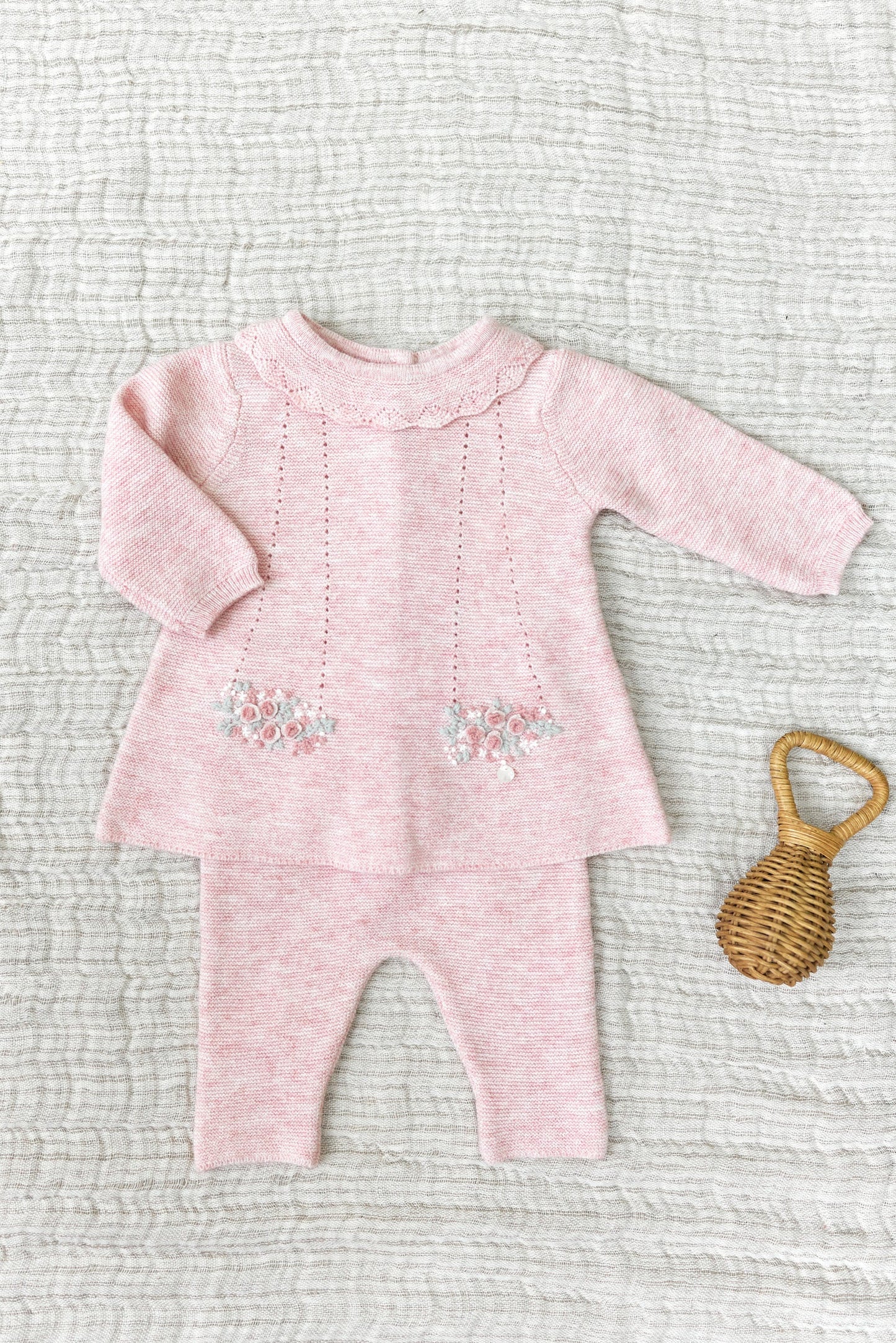 Pink Wool Set w/ Embroidered Flowers - Tartine et Chocolat FW24