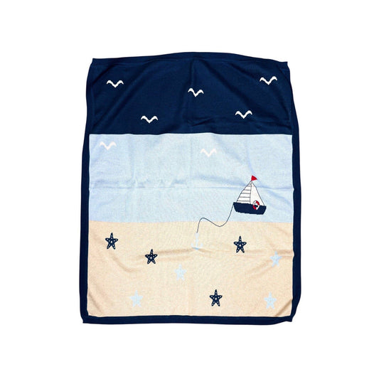 Ocean Sailboat - Organic Cotton Jacquard Knit Baby Blanket: Viverano