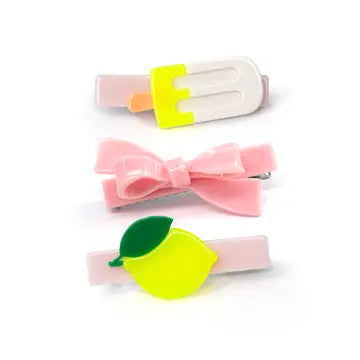 Lemon Pink Bow Popsicle Trio Clips - Lilies and Roses