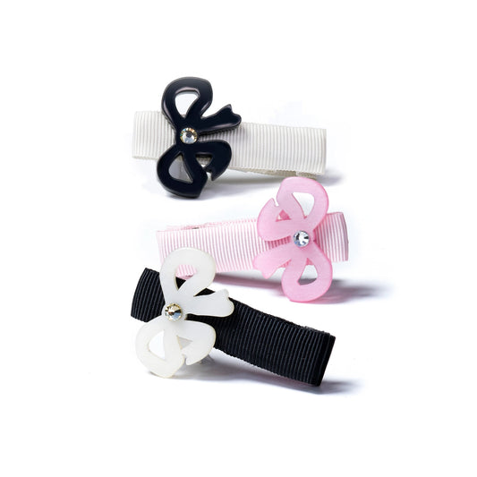 Baby Bow in Black+Pink+White Satin Hair Clips - Lilies and Roses