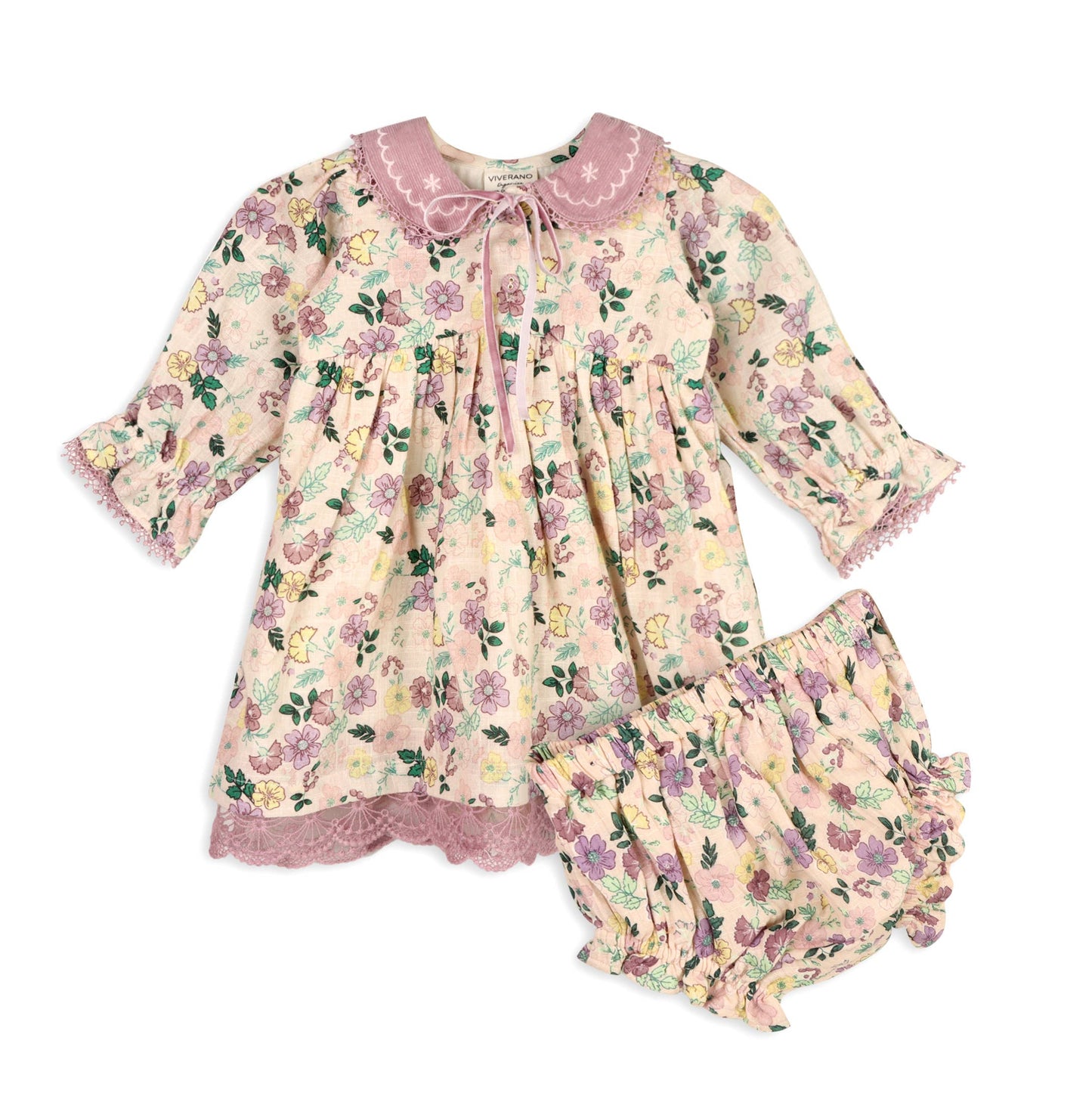 Floral Embroidered Collar Baby Dress & Bloomer Set (Organic): Viverano