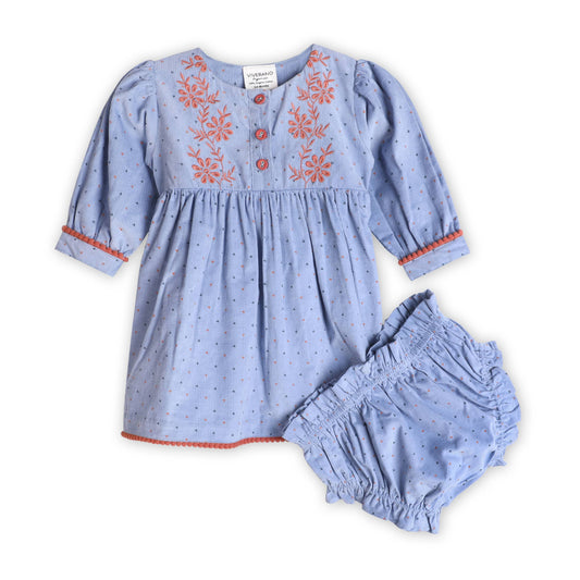 Embroidered Corduroy Tie Baby Dress & Bloomer (Organic): Viverano