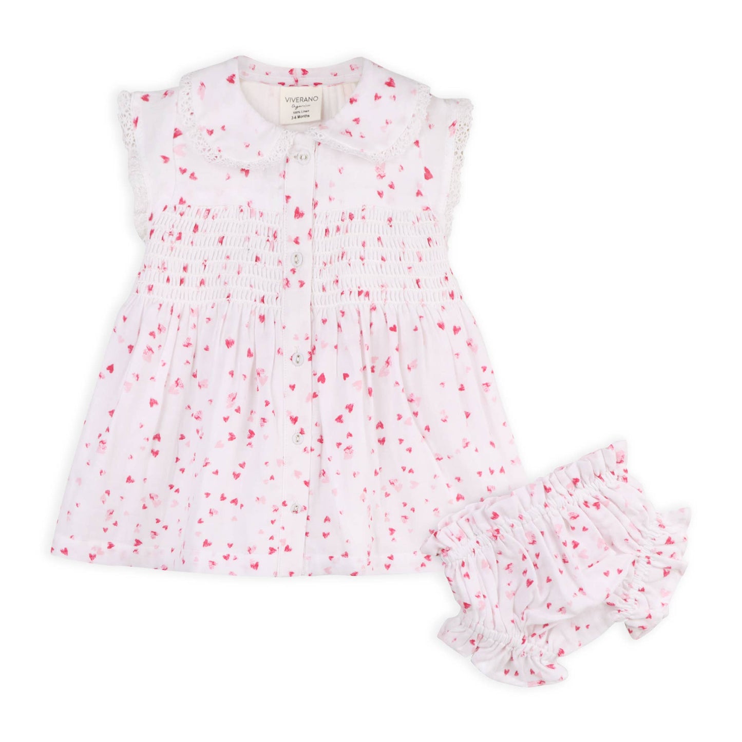 Nora Fluttering Hearts Smocked Baby Dress + Bloomer -Organic: Viverano