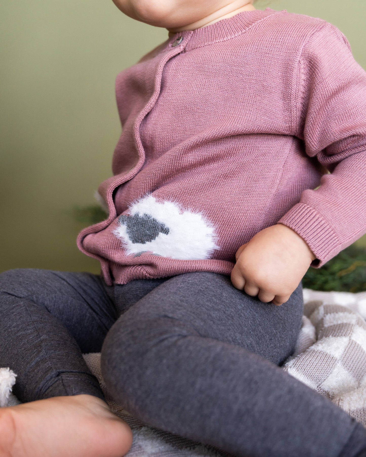 Lamb Jacquard Knit Baby Cardigan Sweater (Organic Cotton): Vintage Rose / 3-6M