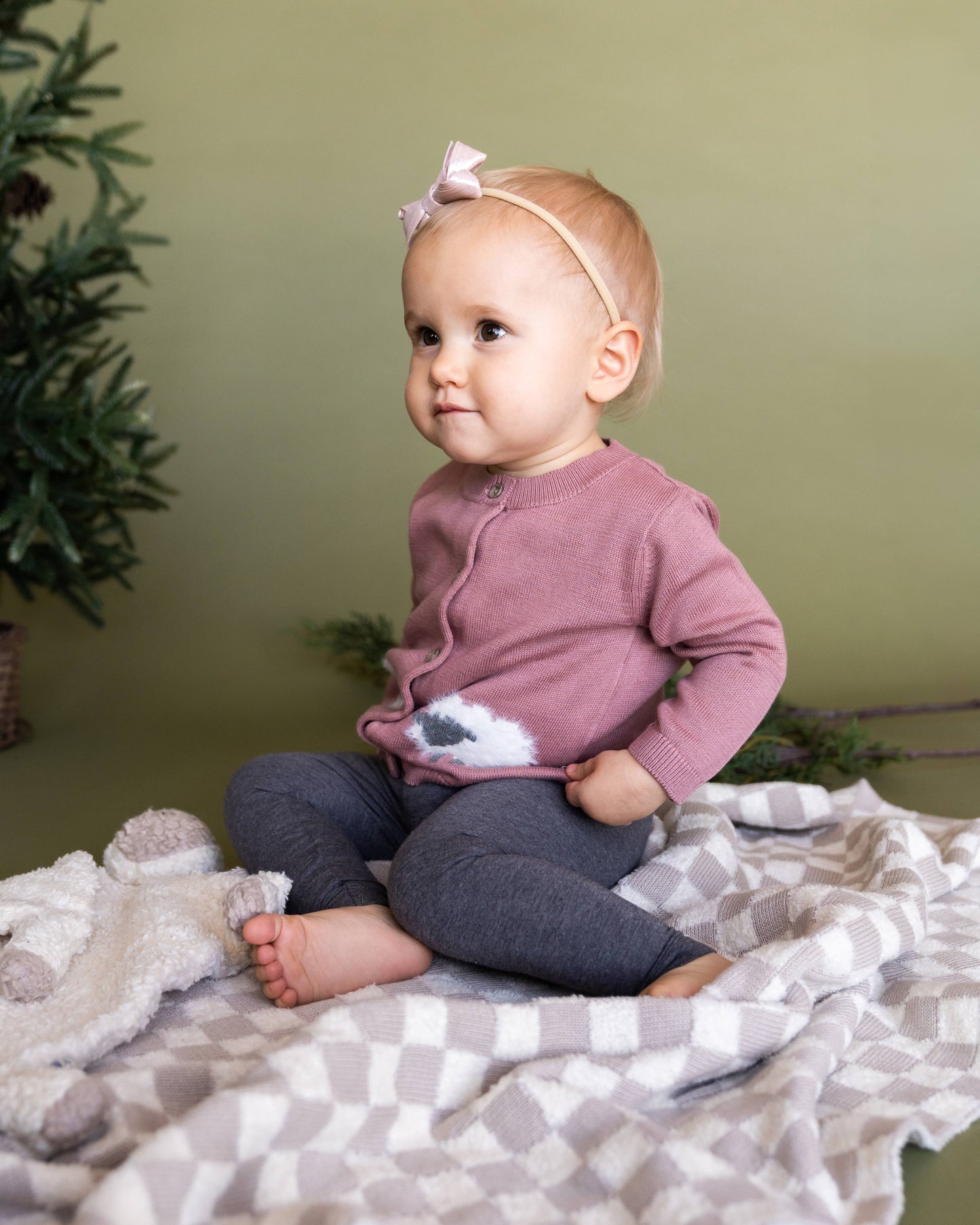Lamb Jacquard Knit Baby Cardigan Sweater (Organic Cotton): Vintage Rose / 3-6M