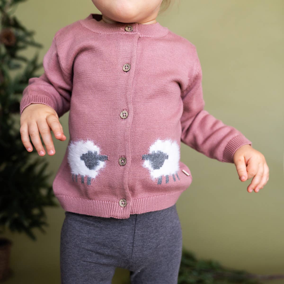 Lamb Jacquard Knit Baby Cardigan Sweater (Organic Cotton): Vintage Rose / 3-6M