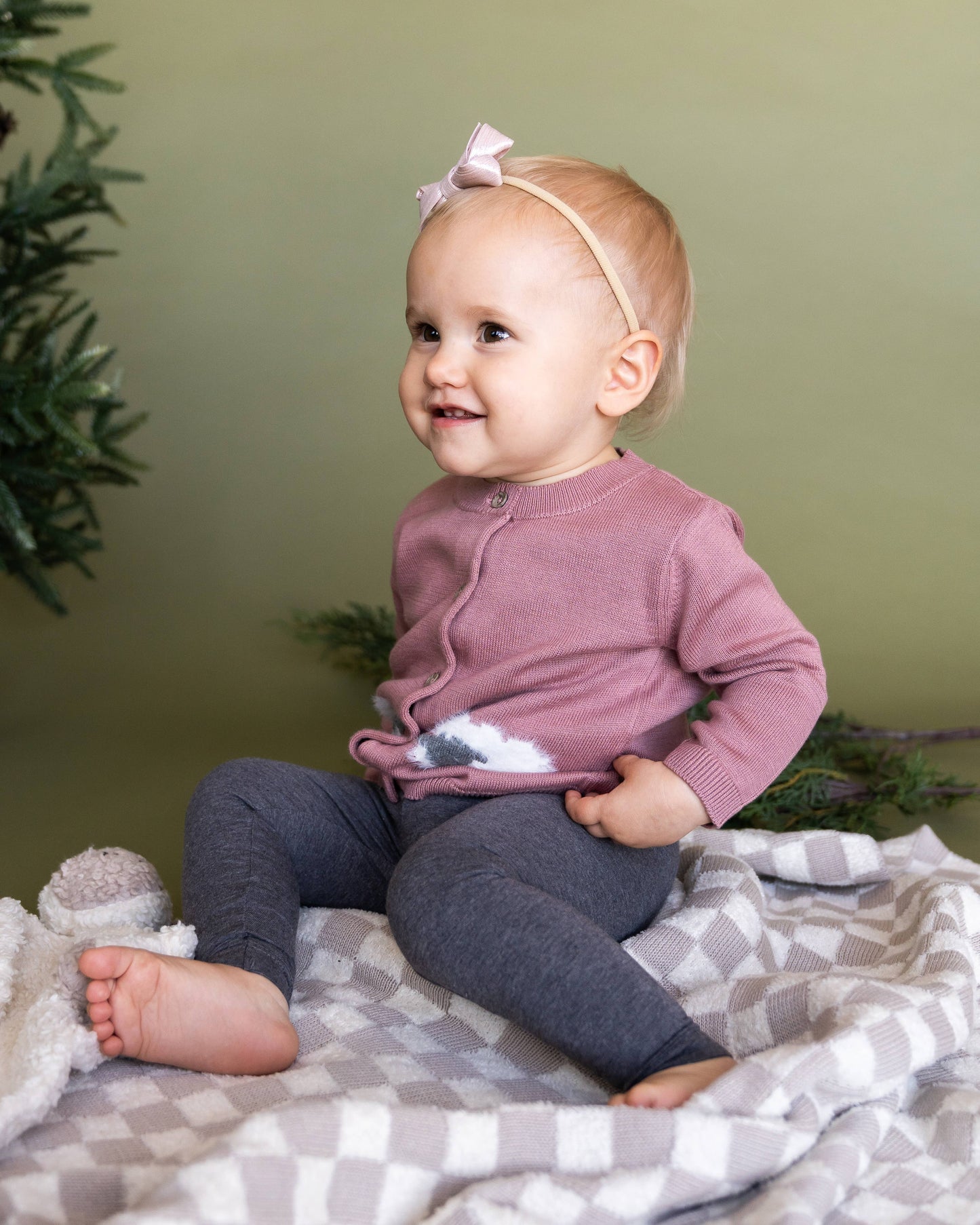 Lamb Jacquard Knit Baby Cardigan Sweater (Organic Cotton): Vintage Rose / 3-6M