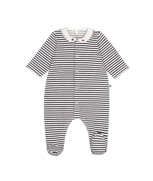 Velour Front Snap Stripe Footie With Collar - Petit Bateau FW26