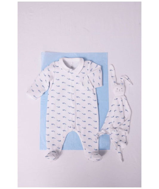 Velour Front Snap Whale Footie With Collar - Petit Bateau FW26