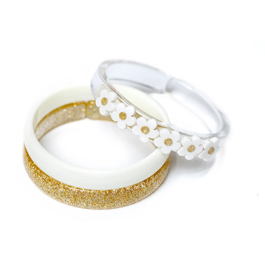 White Flowers and Gold Bangles (Set of 3) - Lilies and Roses