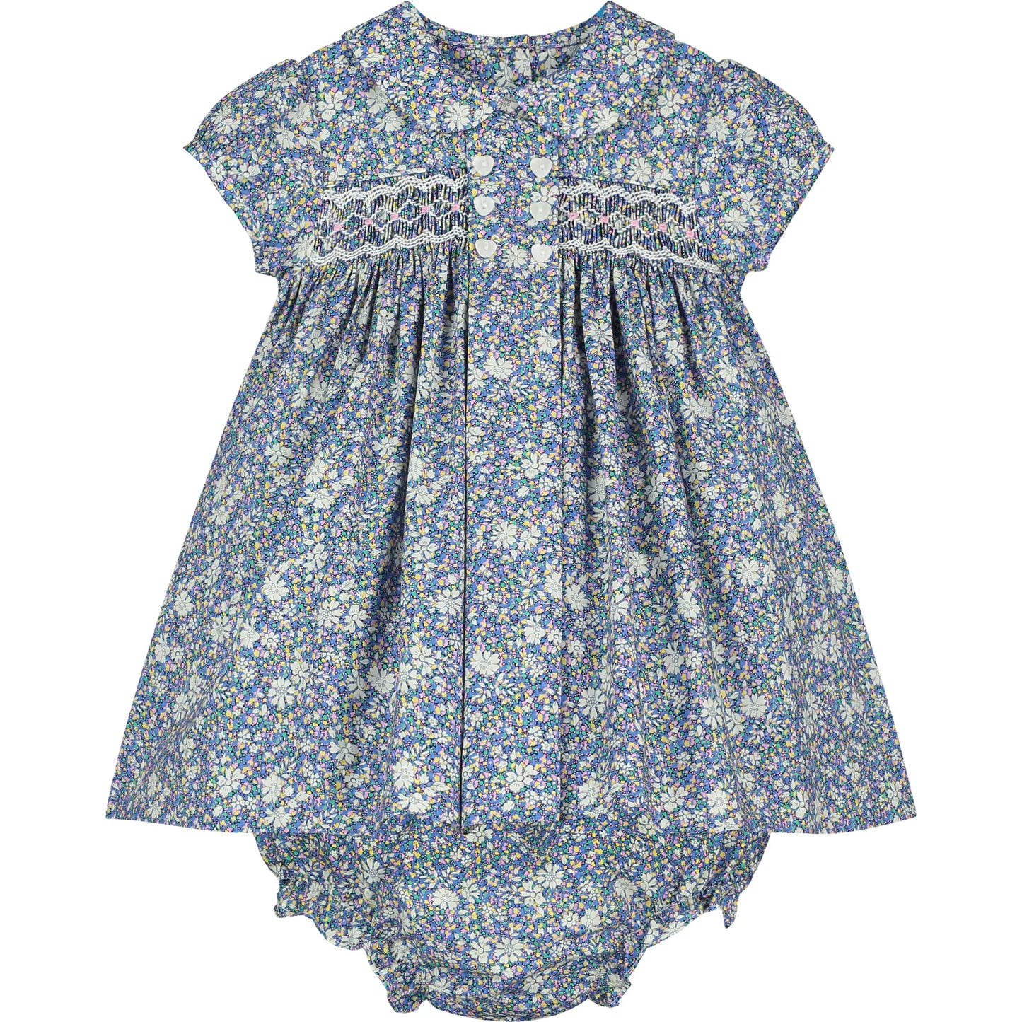 Baby Smocked Blue Dress w/ Pink and Yellow Flowers  - Question Everything