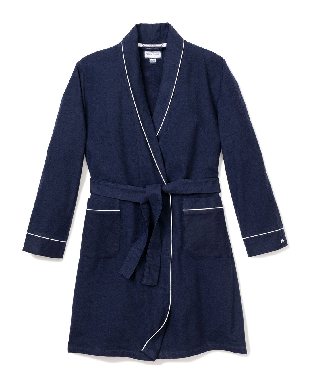 Navy Flannel Robe with White Piping - Petite Plume