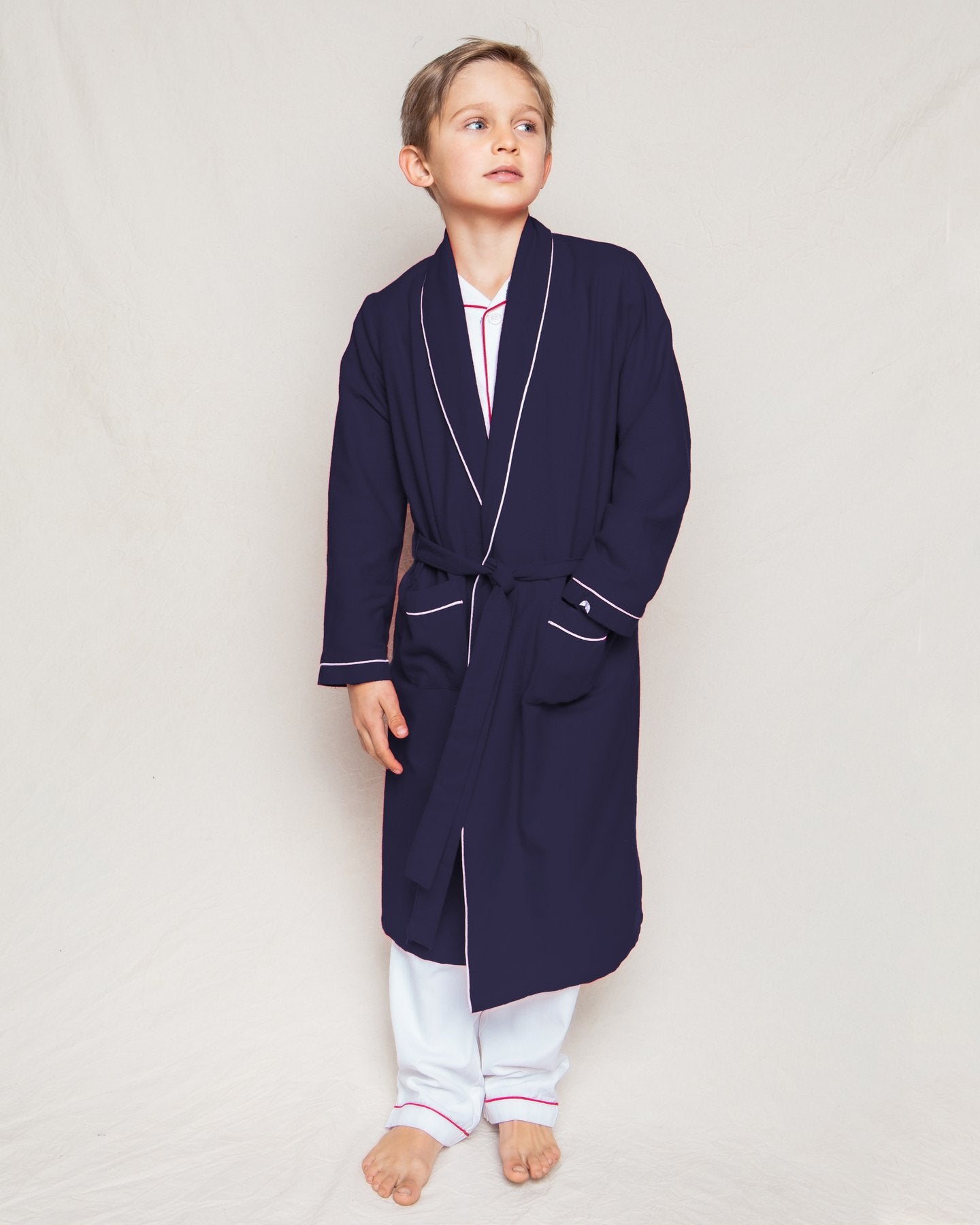Navy Flannel Robe with White Piping - Petite Plume